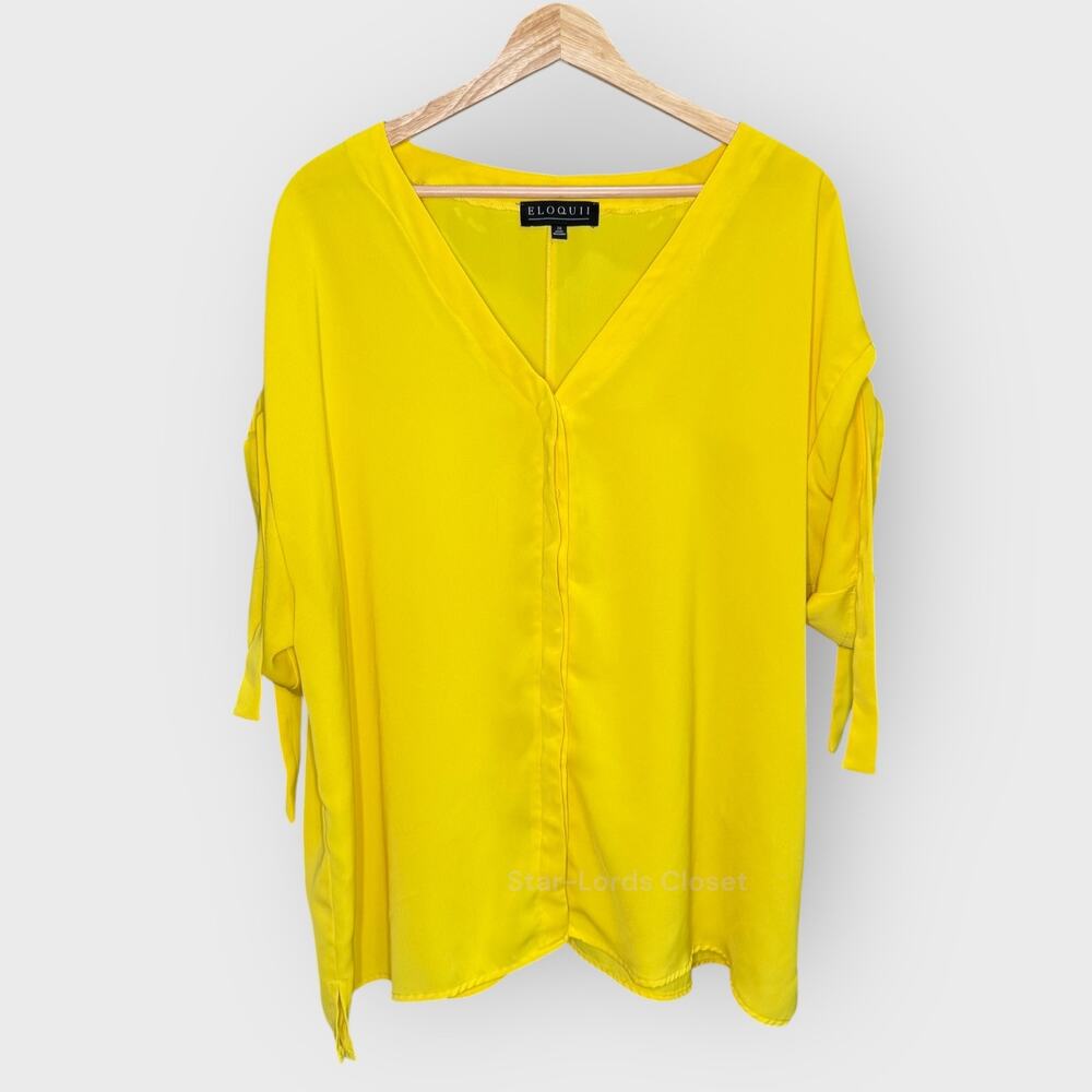 Eloquii Yellow V Neck Top 20 Short Sleeve Tie Detail Button Feminine Boho Look